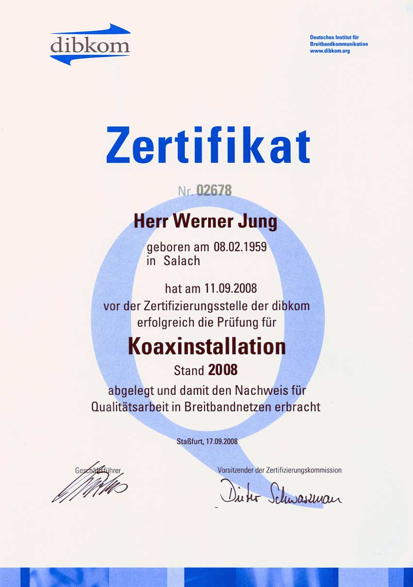 Zertifikat Koaxinstallation